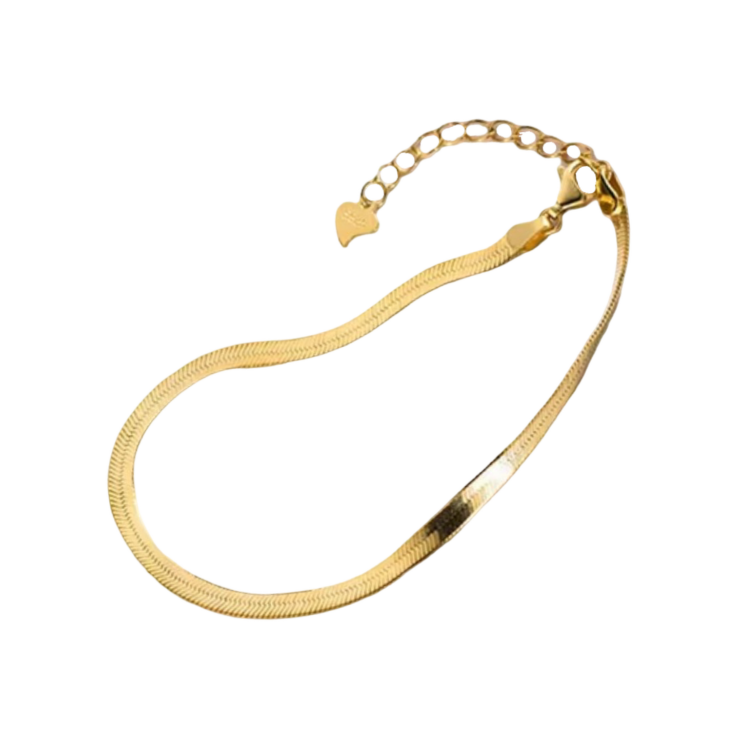 Flat gold bracelet on a white background.