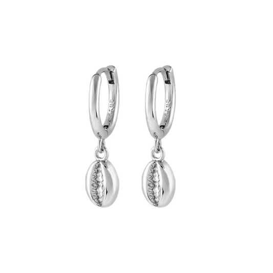 Cowrie Shell Pendant Hoop Huggie Earrings Sterling Silver 925